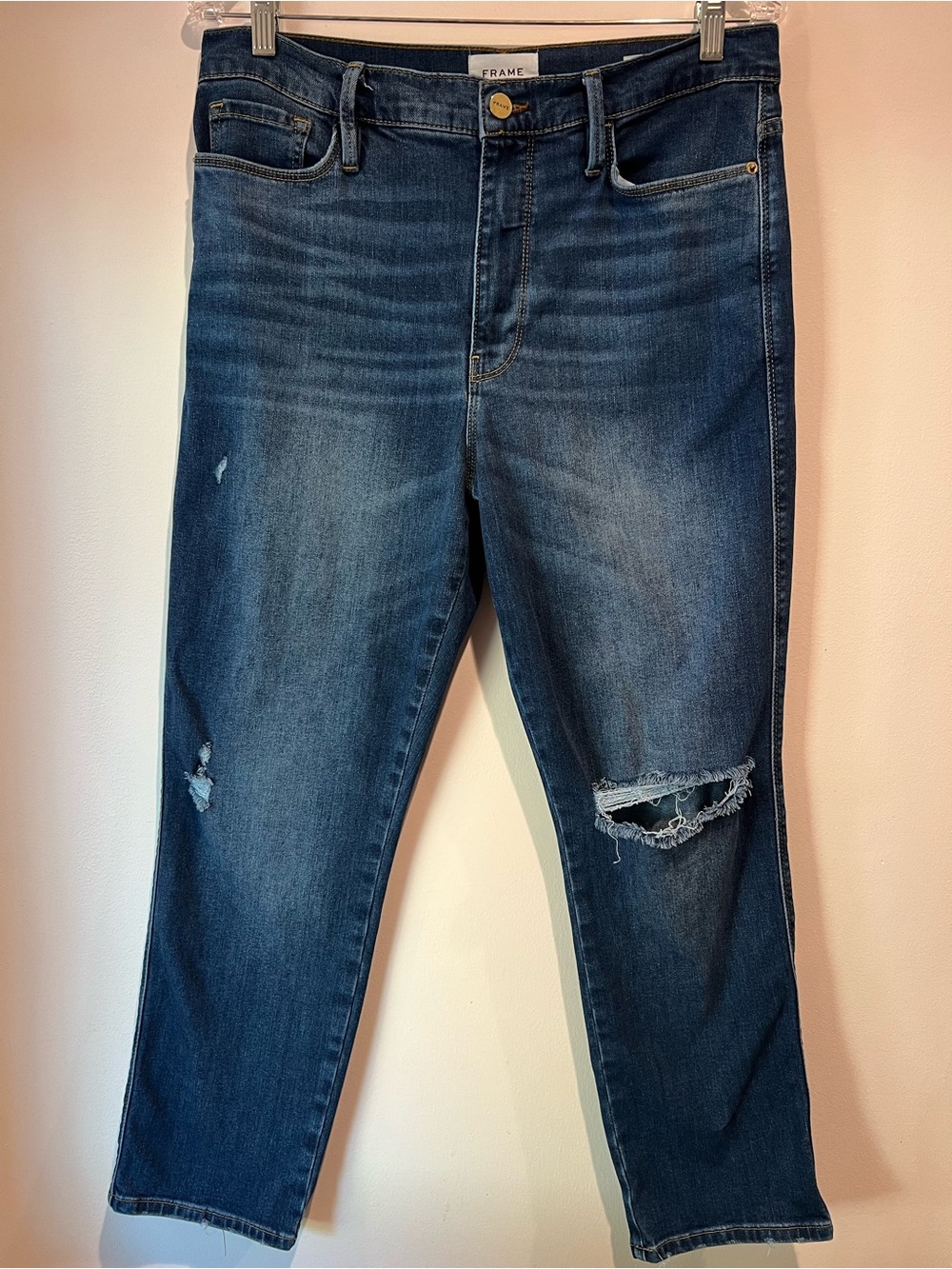 FRAME Le Sylvie Crop Distressed Straight Jeans Blue Size 30